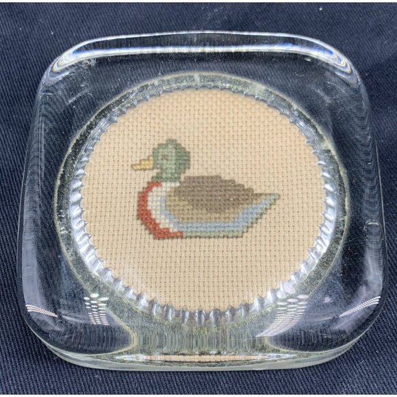 Needlepoint Duck Glass Paperweight 3.25" Square Vintage - Picture 1 of 7